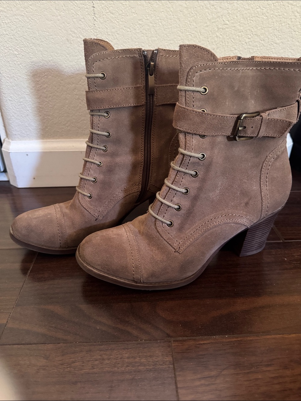 Suede Lace-Up Ankle Boots with Buckle Strap - Taupe